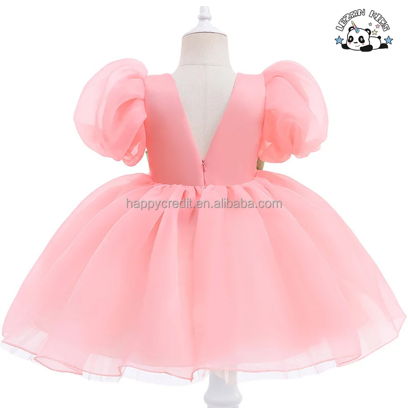 LEZONKIDS - Vestido Floral de Menina com Mangas de Bolha Cor Sólida e Saia de Princesa em Gaze de Malha